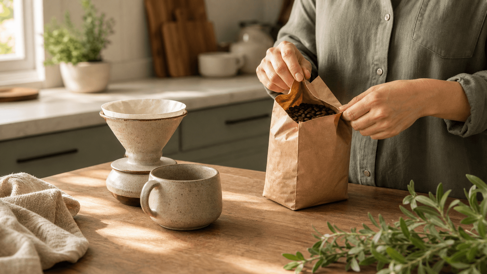 Warm-lit countertop with a steaming coffee cup beside scattered roasted beans and a small glass jar