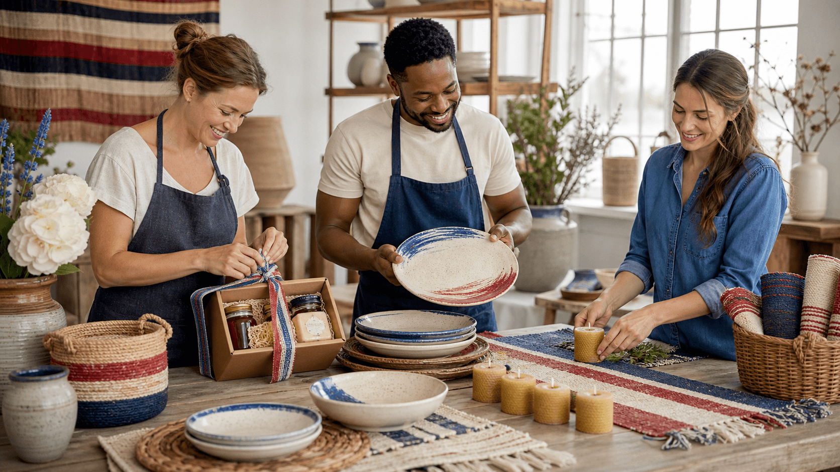 Rustic picnic scene with handmade red, white, and blue crafts and small American flags in warm sunlight
