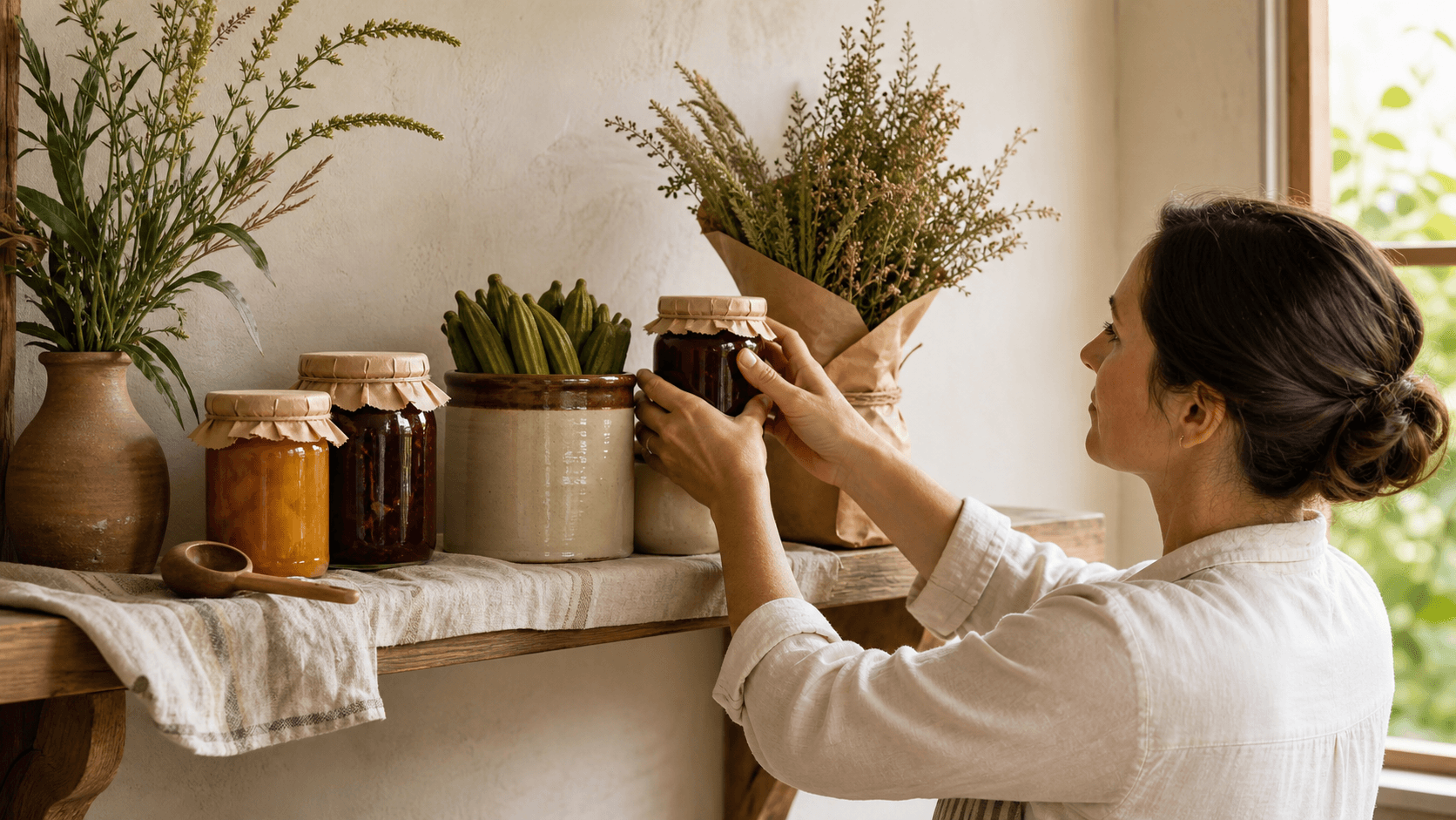 Rustic wooden pantry shelves with glass jars of preserves, spices, and baked goods in warm golden light.