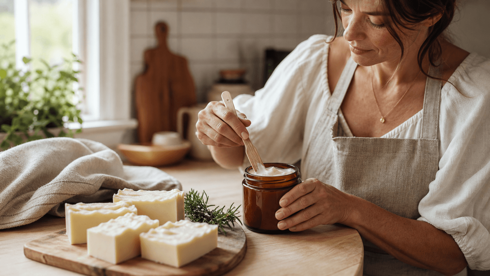 Rustic wooden table with creamy goat milk soap bars and tallow lotion jars in warm natural light.