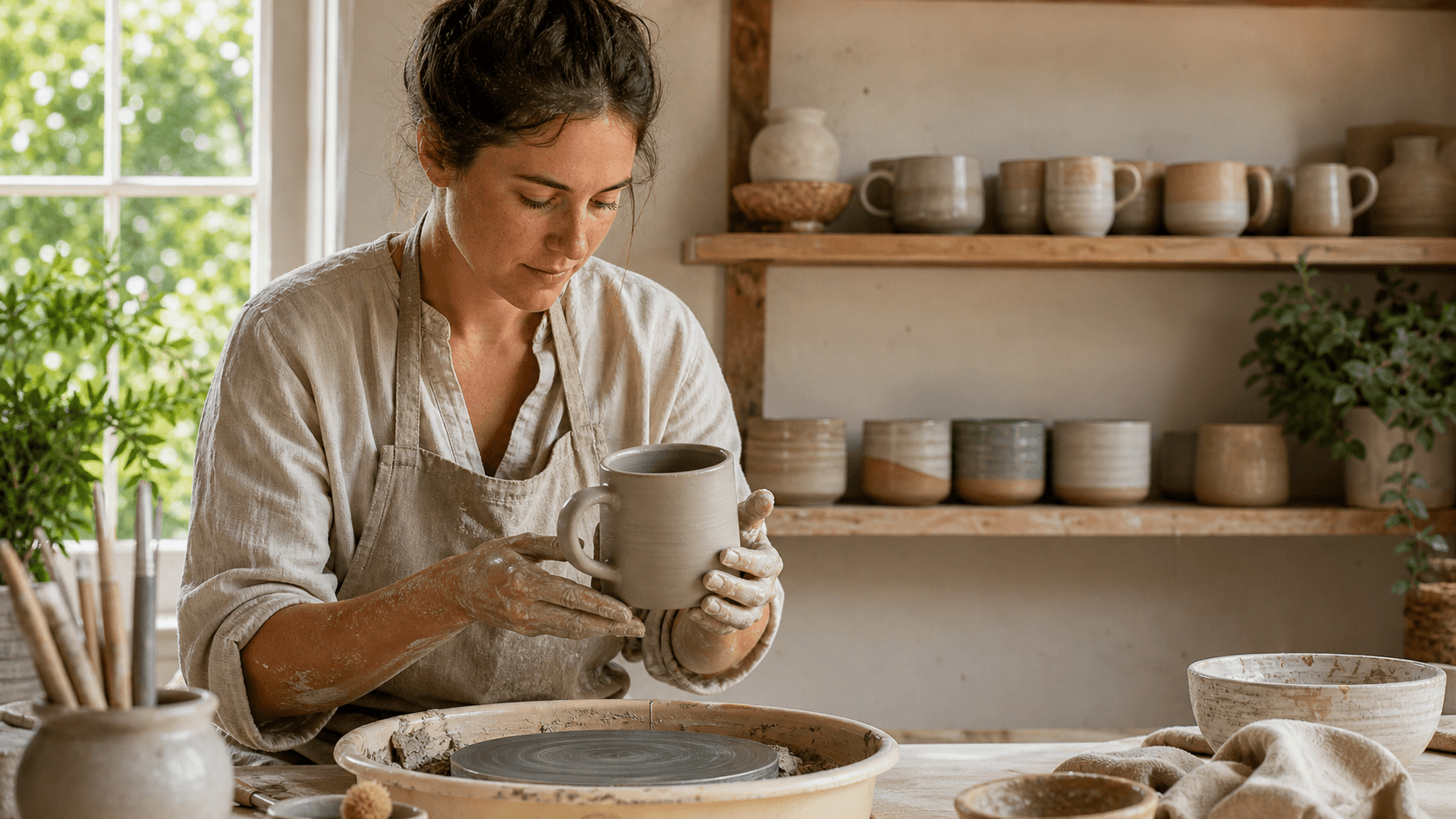 Sunlit shelf of earthy glazed ceramic bowls and mugs, with a potter’s wheel blurred in the background.