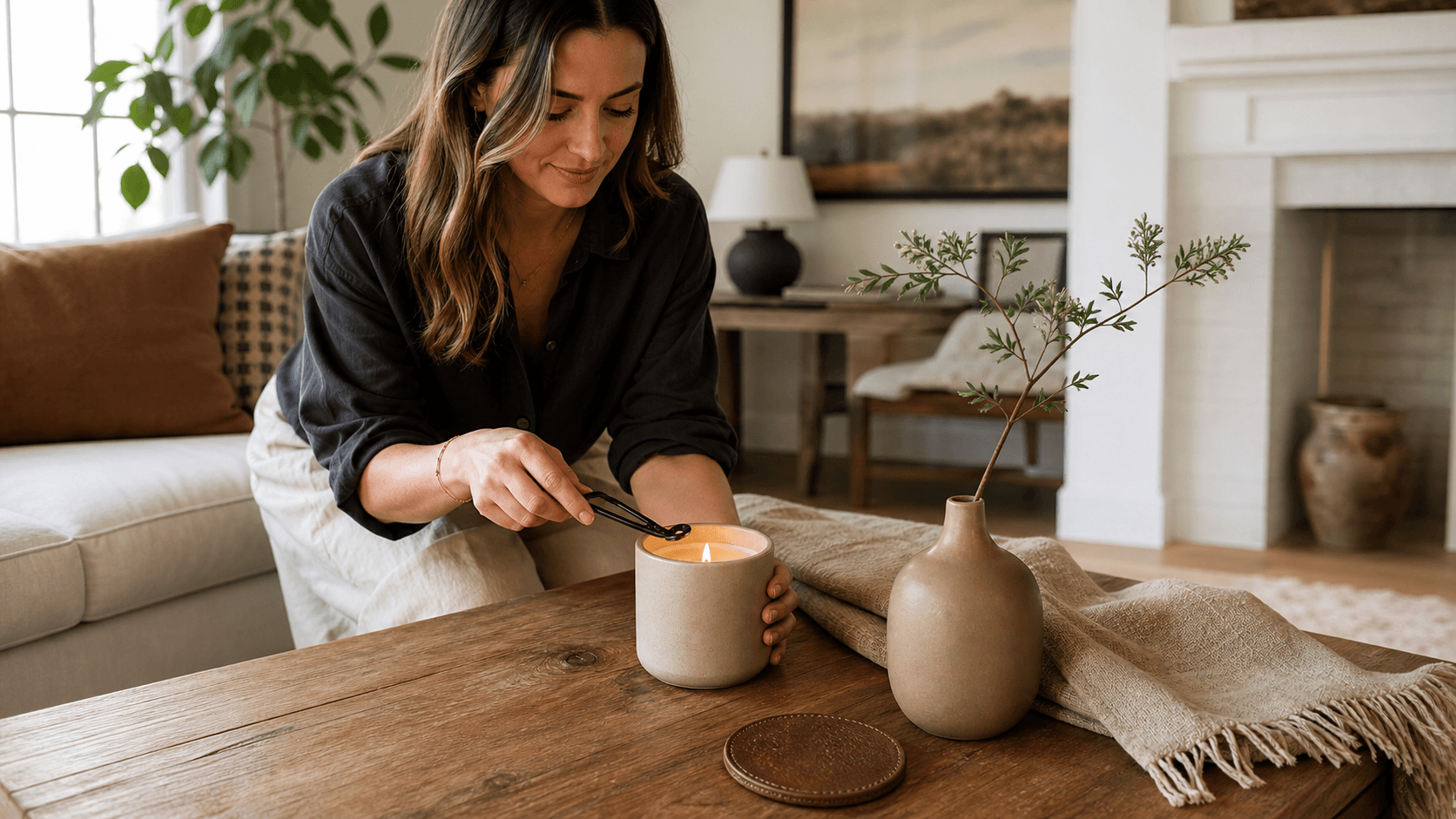 Minimalist shelf with hand-poured candles in matte jars, soft warm light, and neutral decor accents