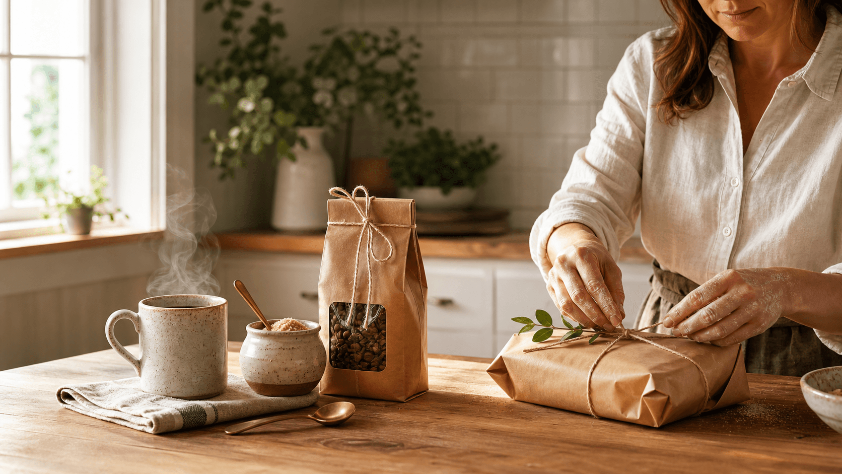 Sunlit rustic table with steaming coffee mug, burlap bag of beans, and handcrafted gift box in warm tones