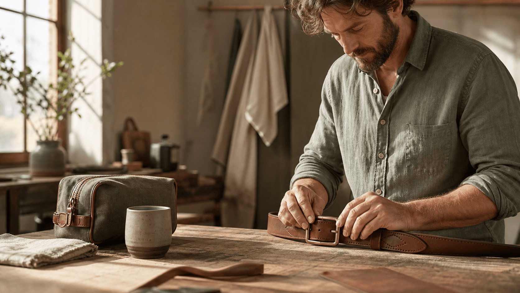Rustic wooden table with leather wallet, handcrafted knife, and whiskey glass under warm, golden light