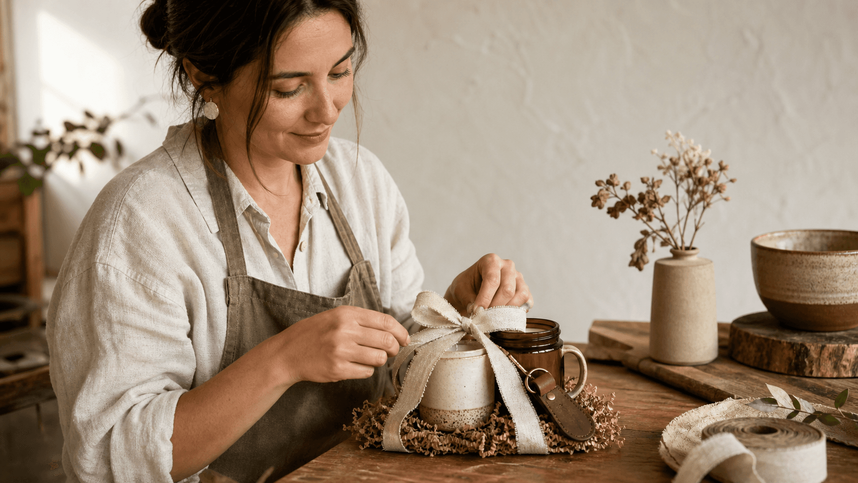 Rustic flat lay of handmade gifts on a wooden table, wrapped in twine with warm golden lighting.