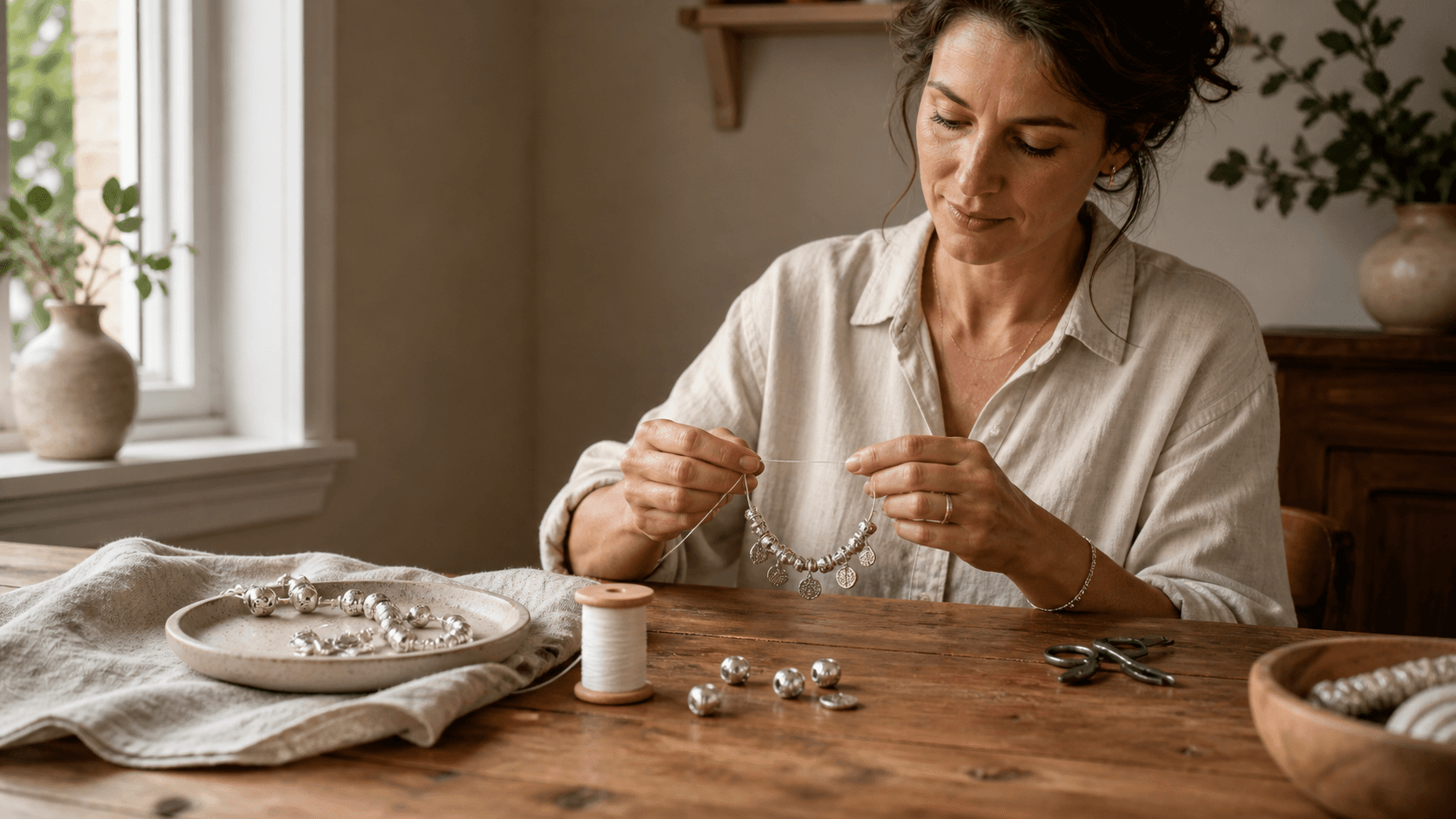 Silver jewelry on tangled strings beside handwritten notes, softly lit on a warm wooden tabletop.