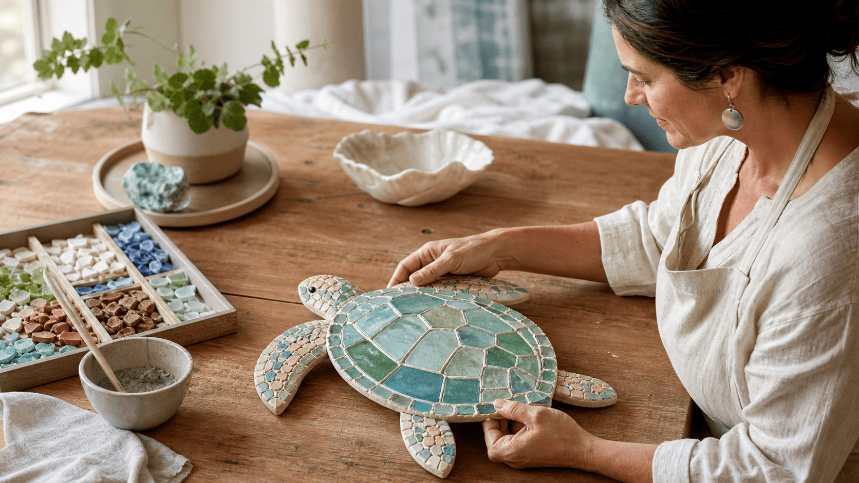 Colorful mosaic turtle sculpture on sandy beach, turquoise waves behind, bright sunlight and coastal sky