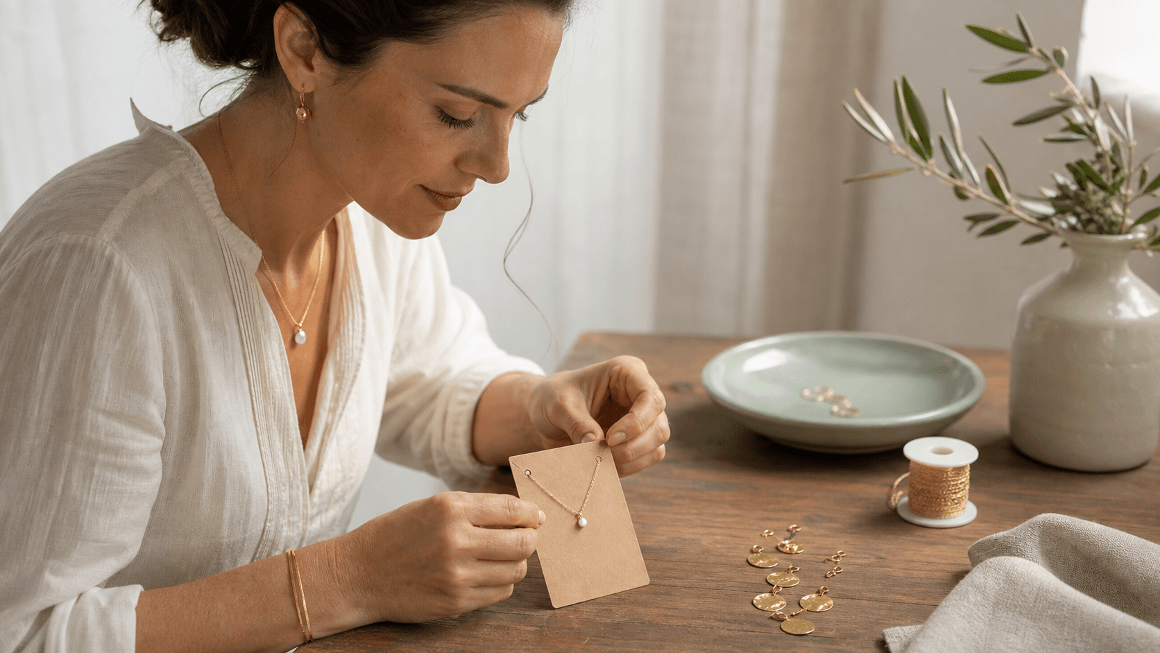 Gold and turquoise handmade necklace and earrings on a rustic wooden table in warm natural light.