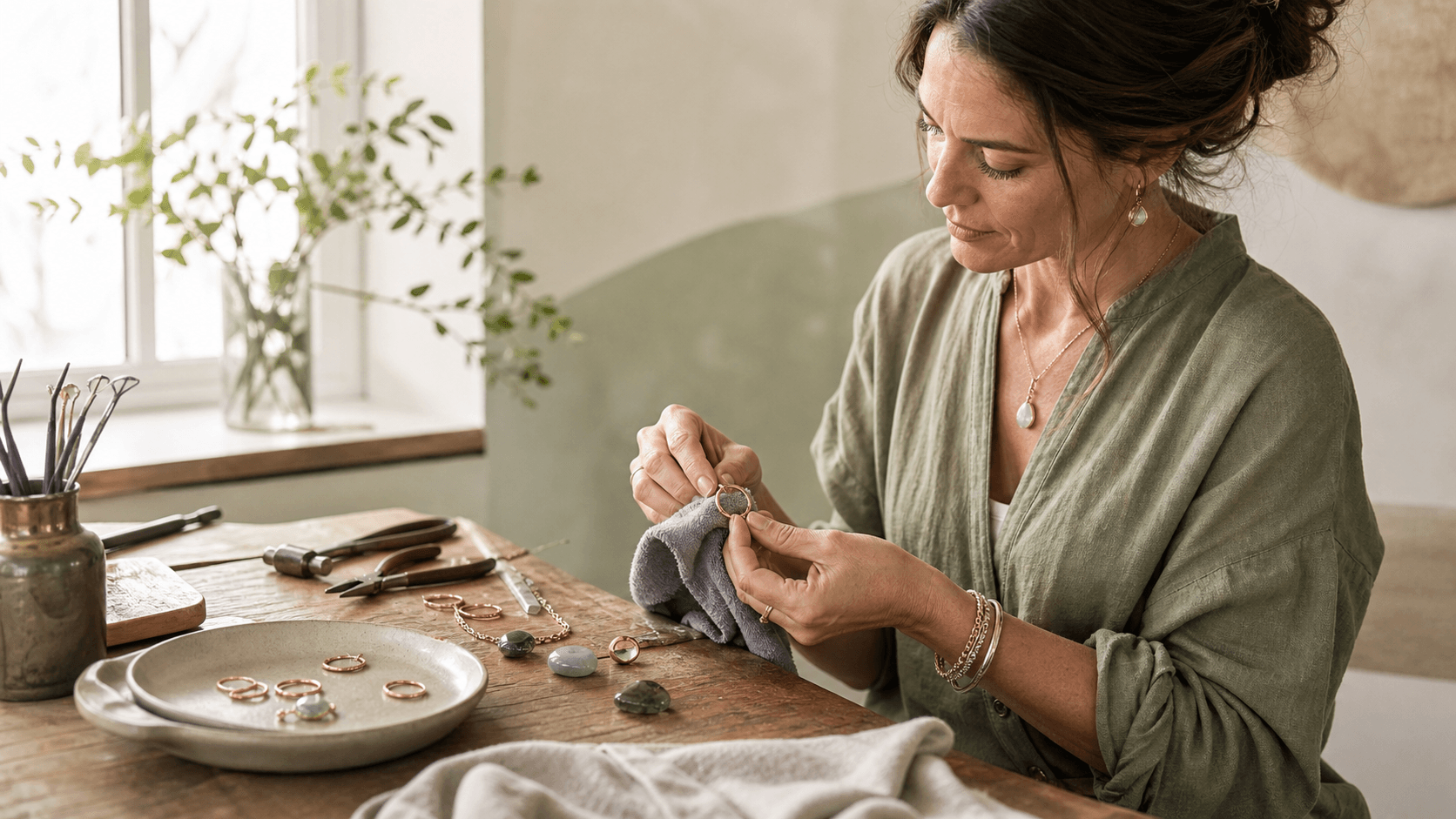 Gold handmade jewelry on a rustic wooden table with soft natural light and blurred southern flowers in background