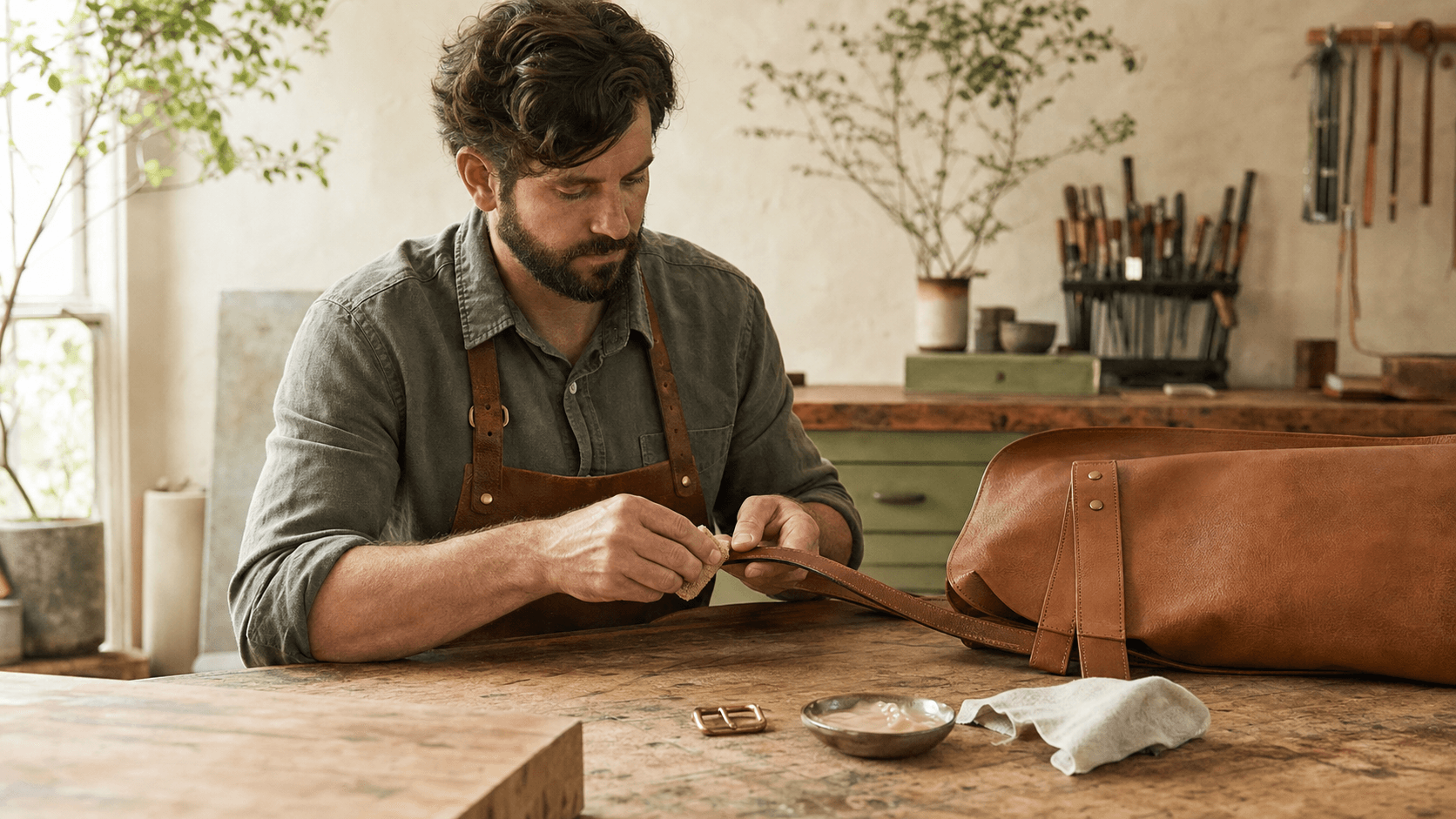 Close-up of hands stitching tan leather on a wooden workbench under warm, golden light.