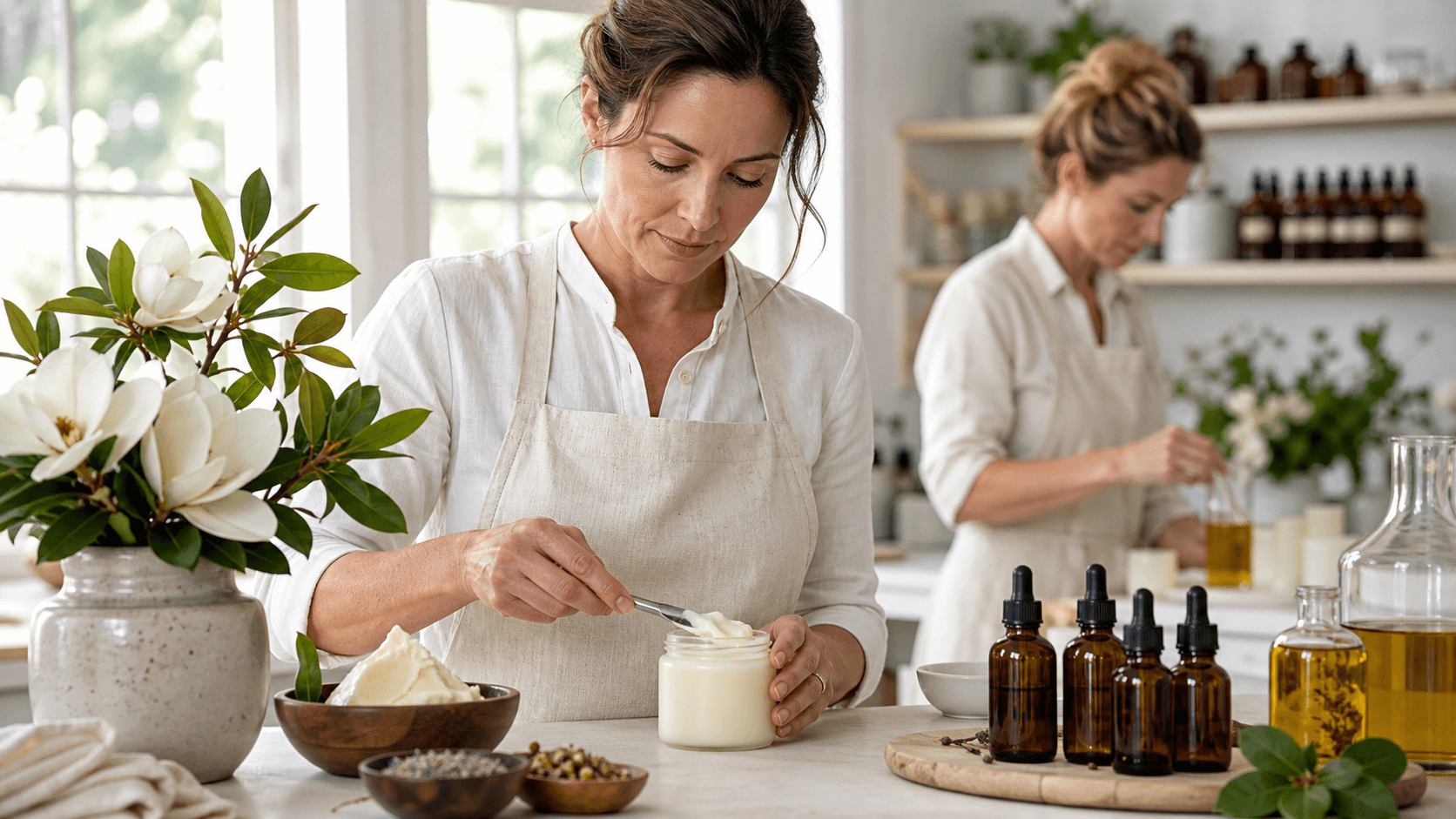 Amber glass skincare jar with creamy balm on a beige linen cloth, softly lit with eucalyptus and neutral backdrop.